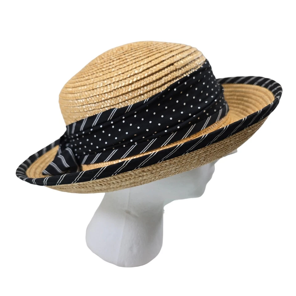 Ginger Propper for Two Blondes Straw Sun Hat 黑色圆点条纹表带 — 第 2/4 张图片