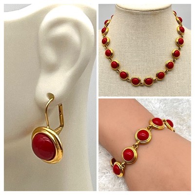 Napier Jewelry Set Necklace Bracelet Earrings Red Cabochon Gold Tone Demi Parure
