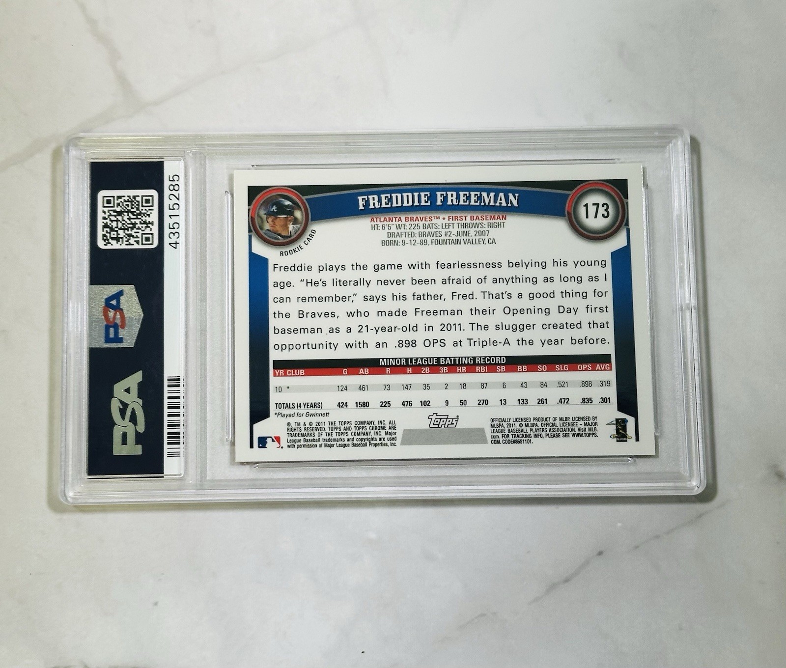 2011 Freddie Freeman Topps Chrome Orange Refractor Rookie PSA 10 #173 RC Braves view 2