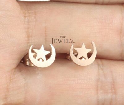 14K massives Gold Halbmond Mond und Stern Design Ohrstecker - The Jewelz
