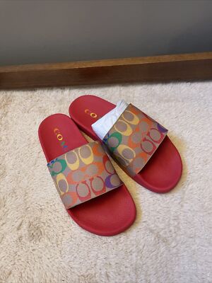 udele rainbow logo print water resistant pool slides