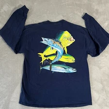 Guy Harvey Men's Long Sleeve Tee XL Blue Cotton Graphic Shirt Marlin Baracuda