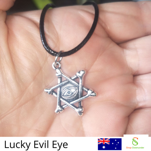 Lucky Evil Eye Pentacle Charm Choker Necklace Black Leather Adjustable Cord - Picture 1 of 4