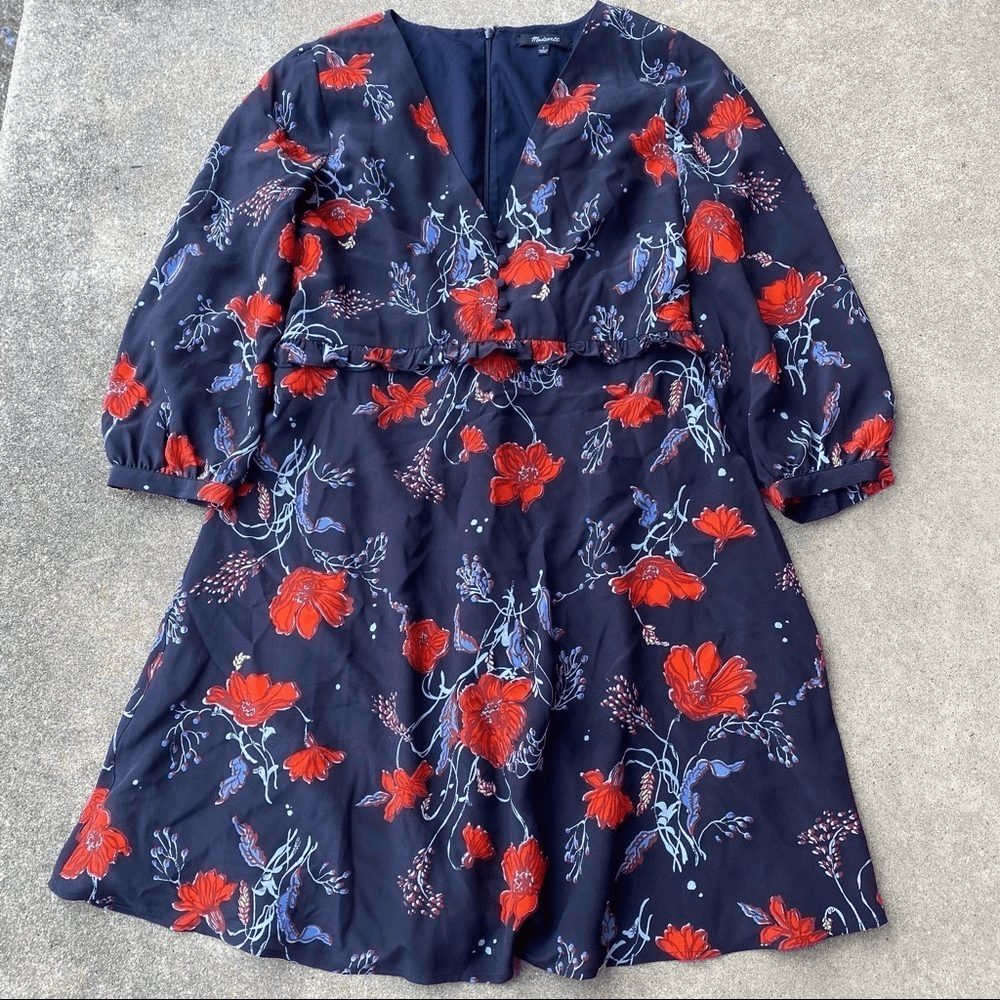 silk ruffle-waist dress in windblown poppies Madewell Silk Ruffle Waist Dress In Windblown Poppies