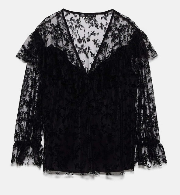 ZARA NEW WOMAN floral tulle blouse with ruffle trim TOP BLACK XSXL