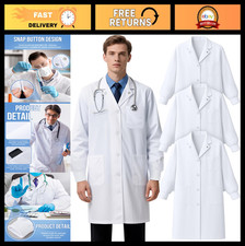Unisex White Lab Coat with Elastic Sleeves - Long Medical Jacket for Doctors  N