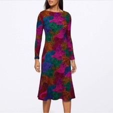 FARM RIO Rainbow Mix Print Jersey Stretch Organic Cotton L/S Midi Dress S = 4/6