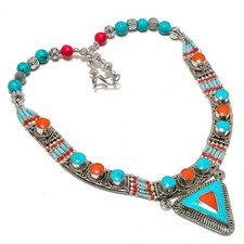 Collana turchese corallo rosso gioielli antichi nepalesi boemi tibetani 18" N...