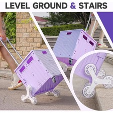 Folding Utility Cart Portable Rolling Crate Handcart Shopping Trolley w/ Lid 65L