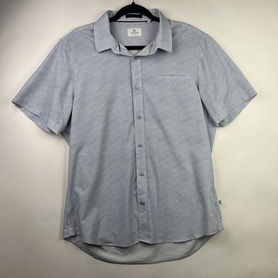 7 Diamonds 4 Way Stretch Short Sleeve Button Shirt Mens L Blue Geometric