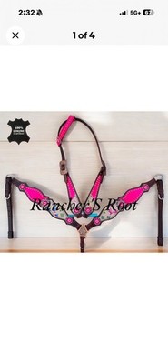 Western Horse Leather Tack Set | Pink Gator With White Multicolor Tack Set
