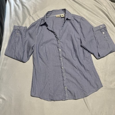 Vtg LL Bean Womens V Neck Button Down Top Shirt M Striped Long Sleeve Blue Light