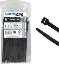 Kable Kontrol Heavy Duty Cable Zip Ties 100 Pcs 8" - 120 Lbs - 100 Pcs, Black 