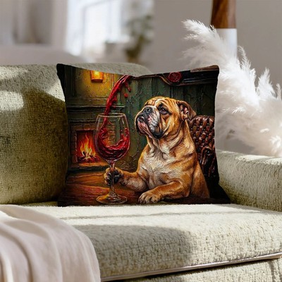 ''Wine & Woof'' - English Bulldog Pillow Cover - Dog Lover Home Decor