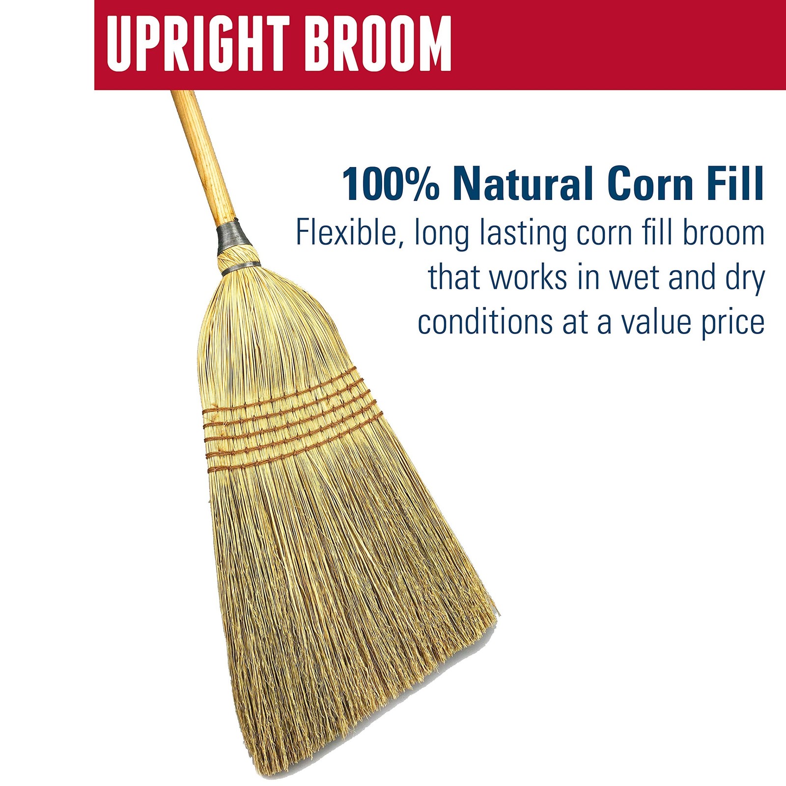 Weiler 95033 Heavy-Duty Corn Broom with Wooden Handle, 5 Sews, 100% Natural C...