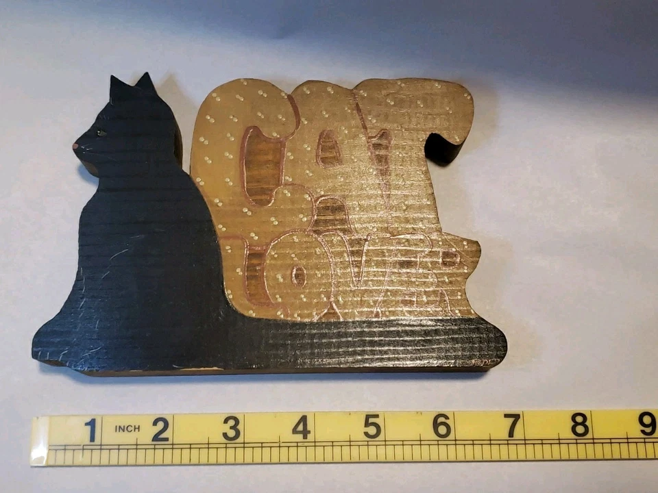 Letrero de amante de los gatos hecho en casa de madera gato negro lunares firmado por artista anciano Foto 4 de 4