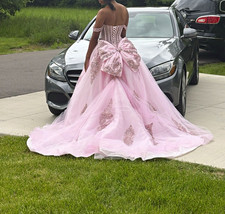 Pink Off-the-Shoulder Sweetheart Ball Gown Tulle Lace Beaded Corset Back