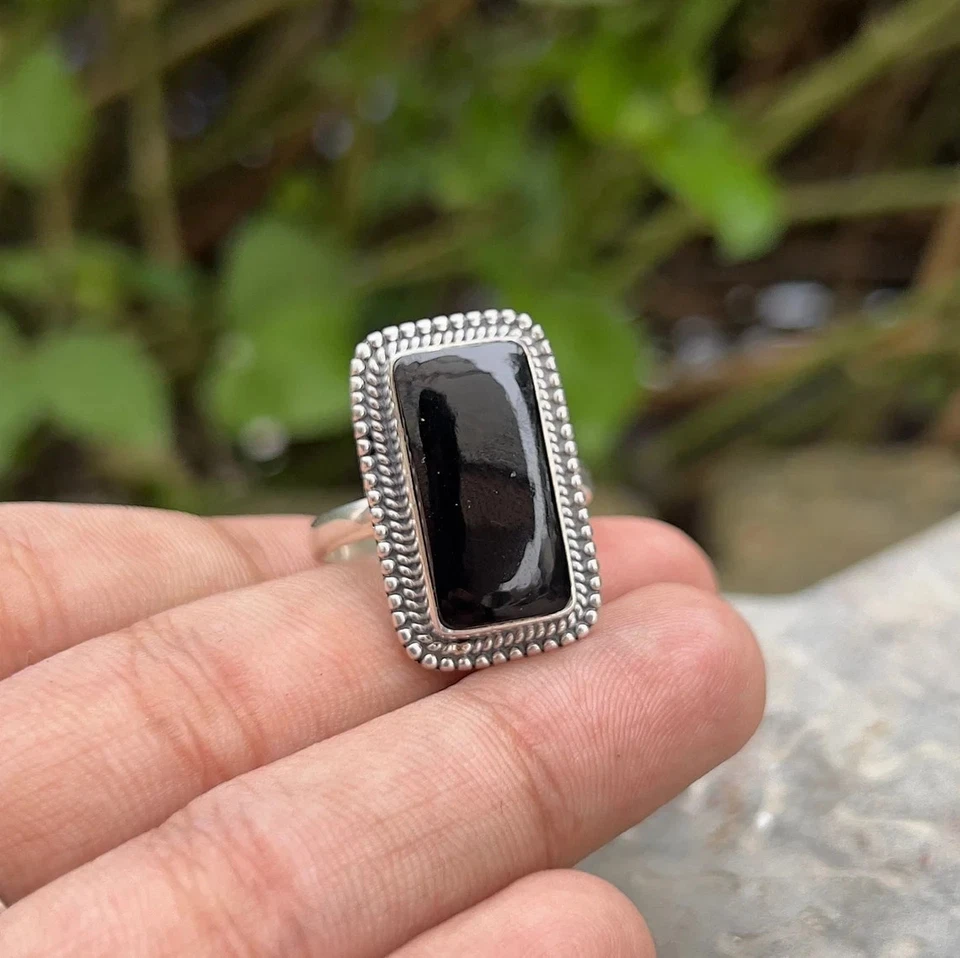 Onice Nera Anello 925 Argento Sterling - Anniversario Regalo per Lei,Boho Strass - Immagine 4 di 4