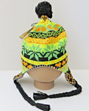 Kids Neon Knit Pom Pom Trapper Hat Lined Green with Black Braided Tassel Ties