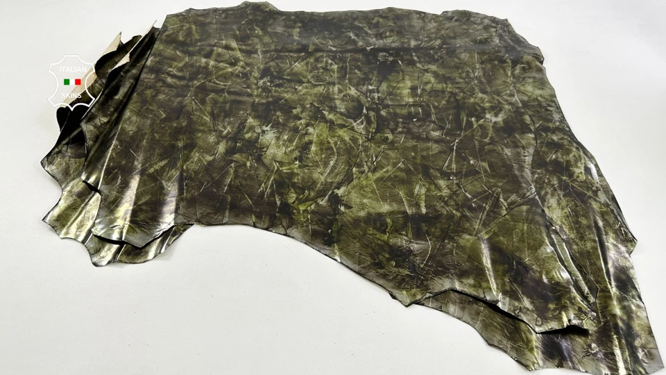 METALLIC OLIVE DISTRESSED Very Strong Calf Leather 3 skins 18+sqf 1.0mm #C5879 - Image 2 of 4
