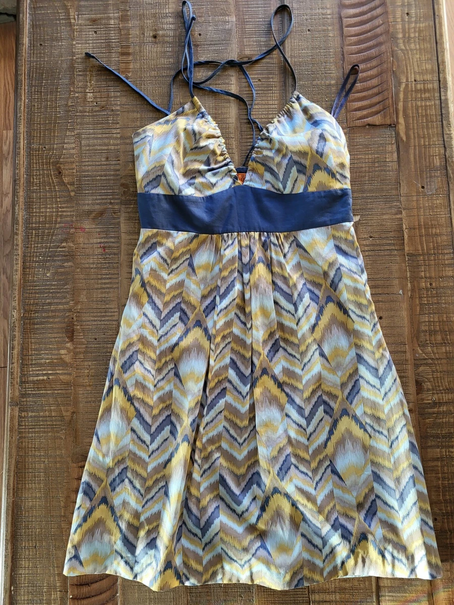 Vintage BCBG Sweetheart Mini Dress XS Blue Gold Chevron Spaghetti