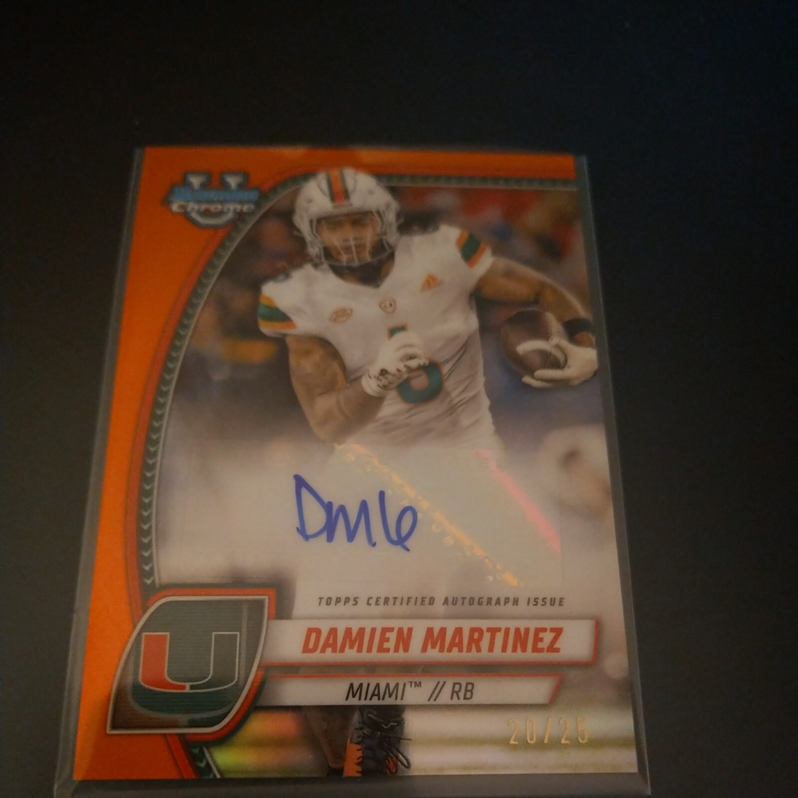 2024 Bowman Chrome University Damien Martinez Auto 20/25 Orange Miami Hurricanes
