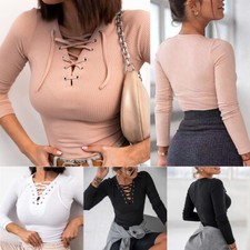 Sexy Women V Neck Lace Up Pullover Blouse Tops Tees T-Shirt Slim Long Sleeve T ·