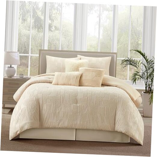 Comforter Set Size, 7 Piece, Clip Geometric Home Decor, Matcking Queen Beige-image