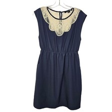 Forever21 Women Small Dark Blue Sleeveless Lace Neckline Pocket Dress READ