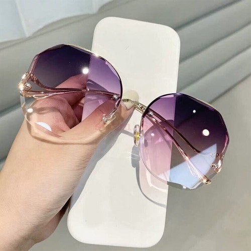 Women Fashion Oversized Outdoor Gradient Shades UV400 Glasses Rimless Sunglasses - Picture 18 of 19