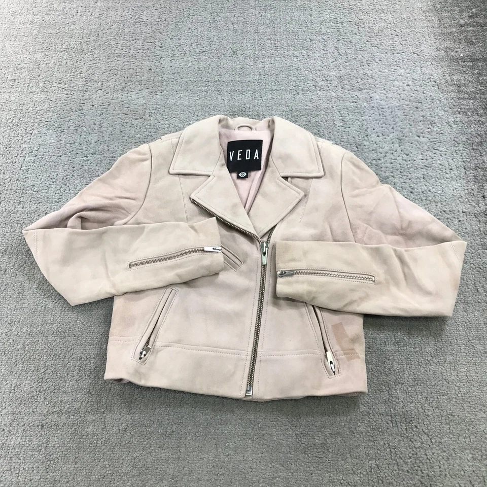 Chaqueta de Cuero Veda Para Mujer P Clásica Cuero Moto Chaqueta Rosa Cabra Gamuza PEQUEÑA Foto 2 de 4
