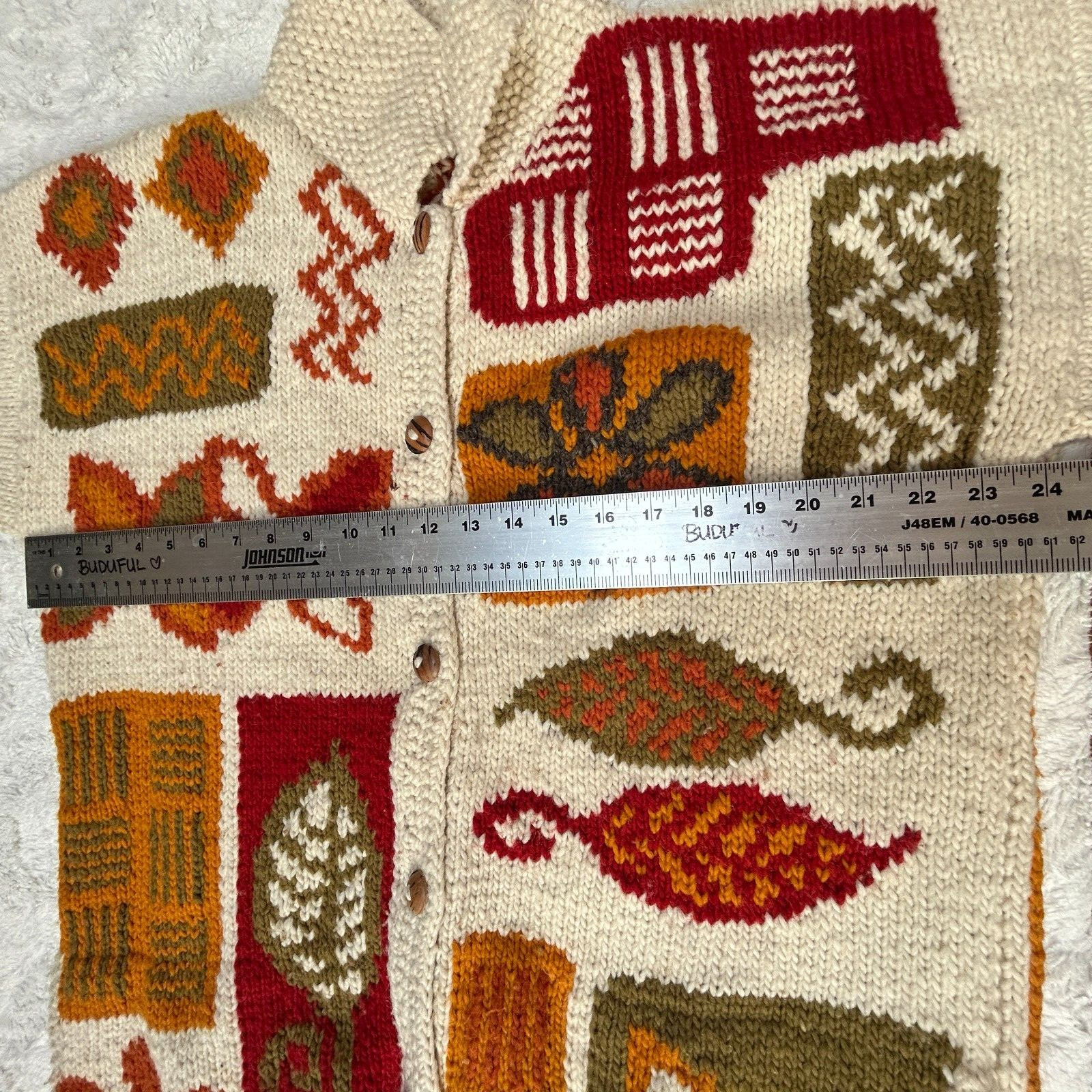 Vintage Pachamama Autumn Leaves Wool Handknit Handmade Cardigan Sweater Multi image 7