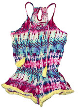 Play Six girls gauzy watercolor tie dye lace up tassel fringe hem romper 6