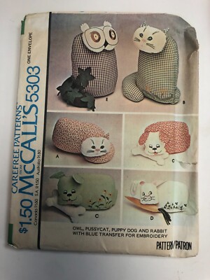 Vintage McCall's sewing pattern 5303 dog cat owl rabbit embroidered stuffed toy