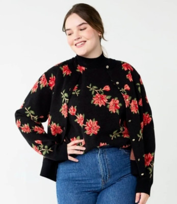 Draper James Plus 2X Long Sleeve Cardigan Button Front Southern Floral Black NWT