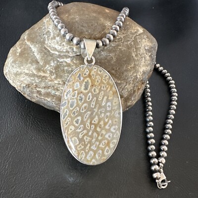 Champagne Fossil Coral Navajo Pearls Sterling Silver Bead Necklace Pendant 16371