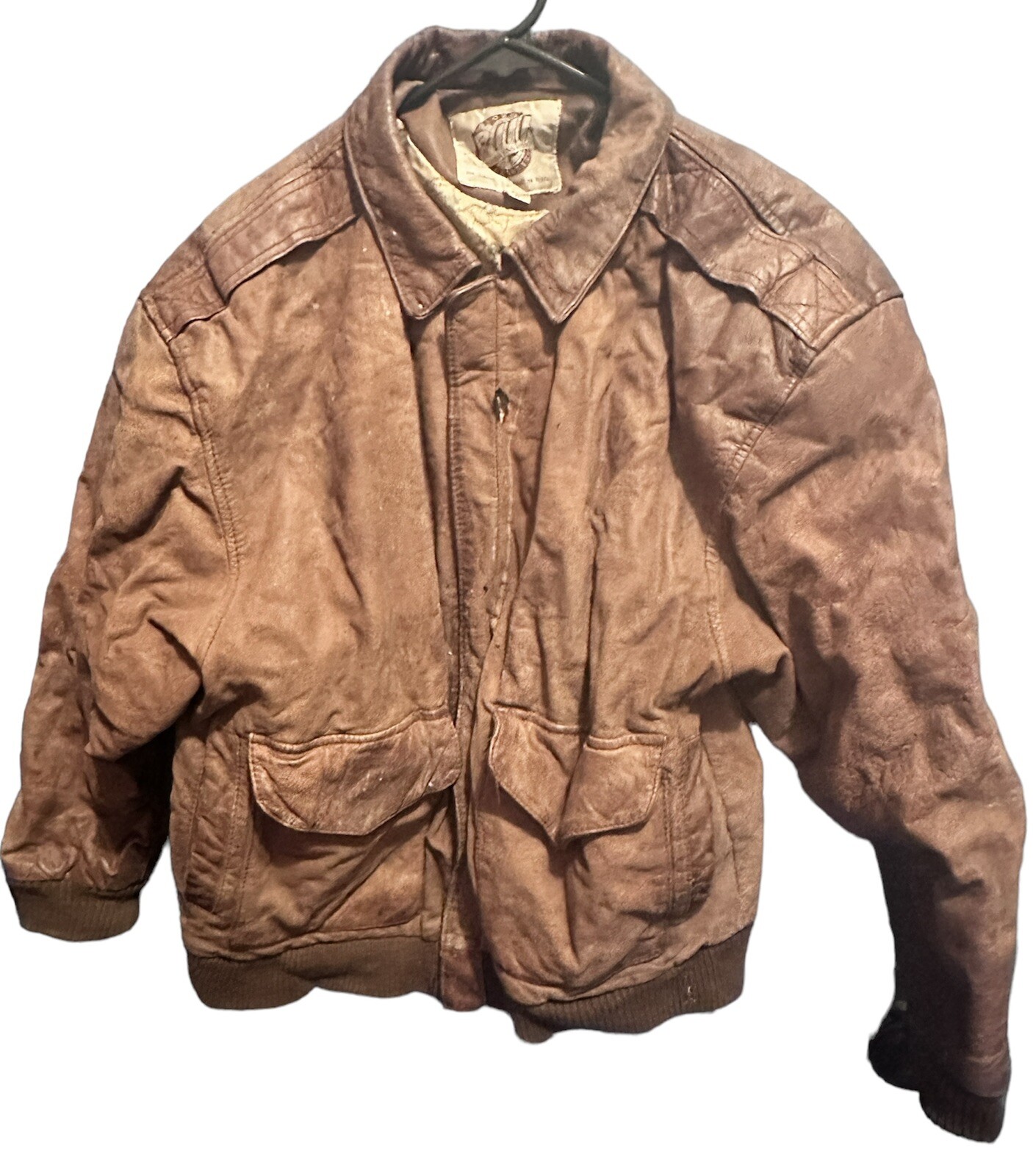 Vintage  Men Global Identity GIII Distressed Leather Bomber Jacket Zip Tan S