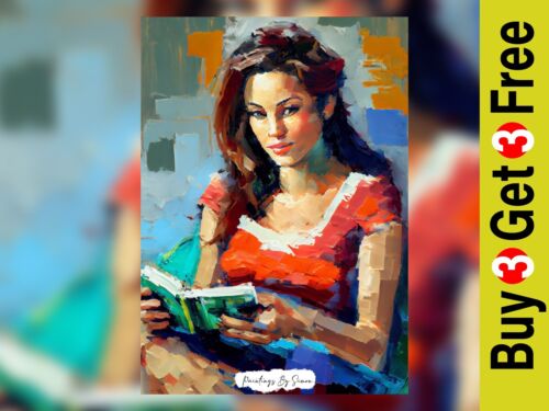 Engrossed in Stories, Vibrant Impasto Reader Painting Print 5"x7" on Matte Paper - Picture 1 of 6
