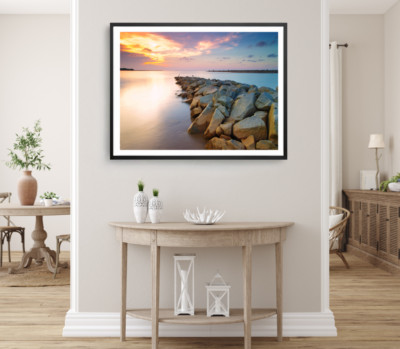 Rocks On Sea Print, Sunset Wall Art, Cloudy Sky Framed Beach Wall Art, Coastal 