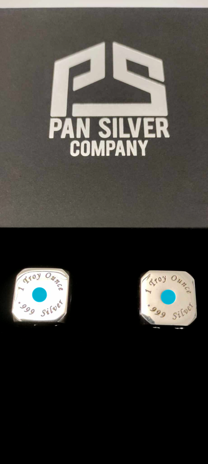 1 Set (2) Troy Ounces oz Fine .999 Silver Dice with Blue Dots (pips)