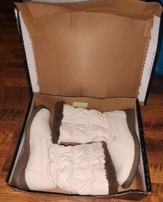 Totes Women Ivory Waterproof Thermolite Fur Mid Calf Zip Winter Boots Sz 8.5 M