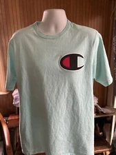 Champion Big C T-Shirt Short Sleeve Turquoise Crew Men's L/XL Embroidered Patch