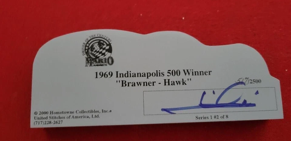 MARIO ANDRETTI HAND SIGNED 1969 BRAWNER HAWK INDY WINNER WOOD PLAQUE COLLECTIBLE - Image 2 of 2