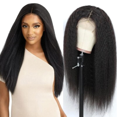 Kinky Straight Synthetic Lace Front Wigs Glueless Long Black Yaki Pre Plucked