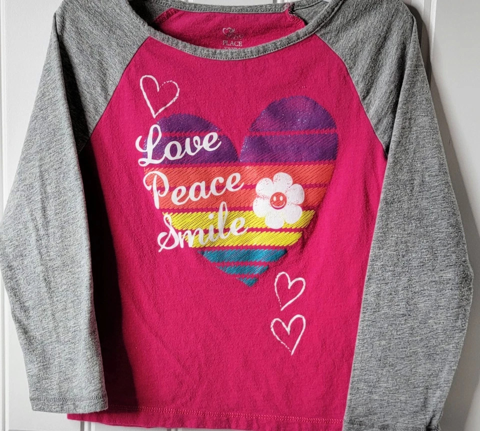 Top Children's Place Niña L/S Gris Raglán/Rosa "Love Peace Smile" XS (4) Foto 3 de 4
