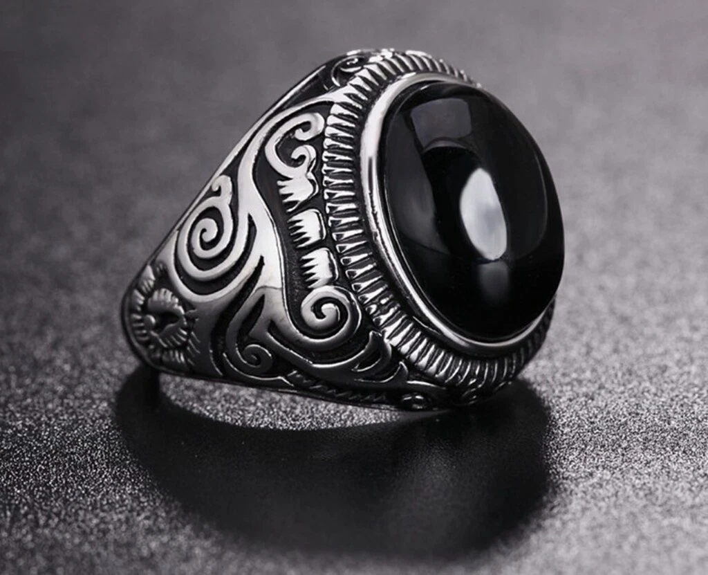 Men Vintage Black Obsidian Stone Silver Titanium Stainless Steel Ring Men  8-12