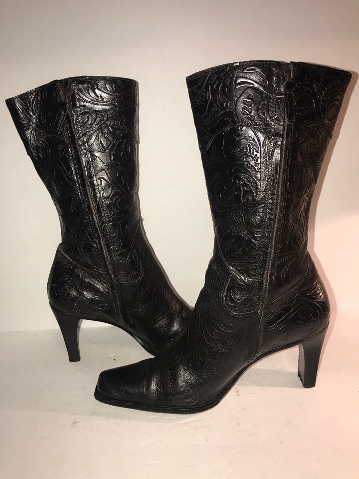 BOTAS MUJER ANTONIO MELANI TALLA 6 1/2 MARRÓN TOOLED Cuero Cremallera Media Pantorrilla WS11-1 Foto 4 de 4