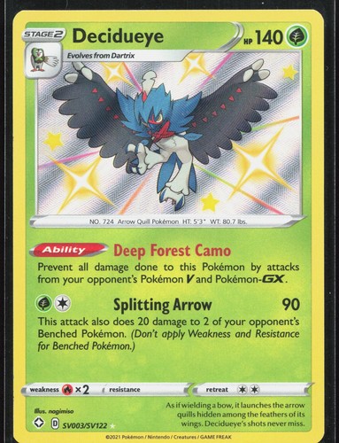 Decidueye SV003/SV122 Shiny Rare Shining Fates Shiny Vault Pokemon Holo NM