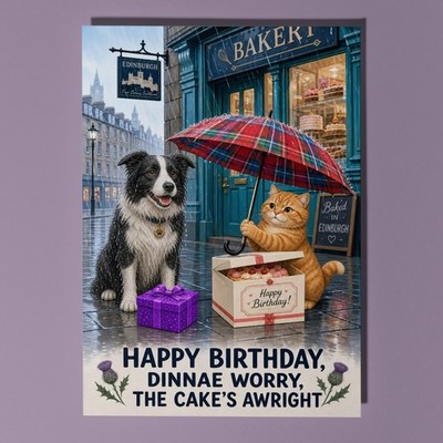 Personalisierte Geburtstagskarte Border Collie Katze lustig schottisch Bäckerei Kuchen