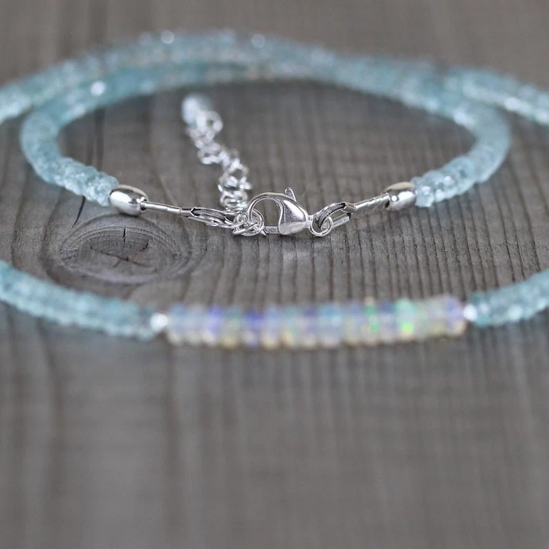 Colar feminino com miçangas de pedra preciosa facetada Rondelle de opala de fogo e água-marinha 3-5 mm 18" - Imagem 2 de 4